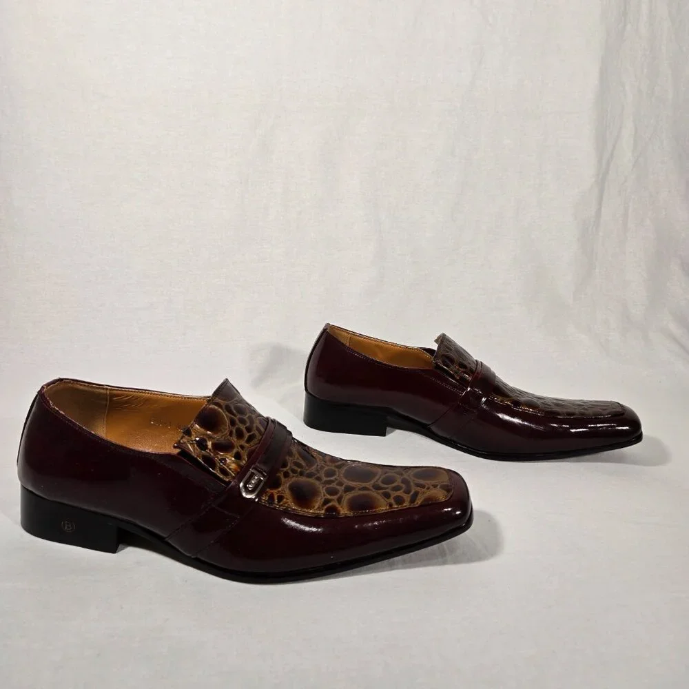 Vintage BALLY Rockabilly Red Wine Patent Leather Brown Crocodile Loafers Size 9B